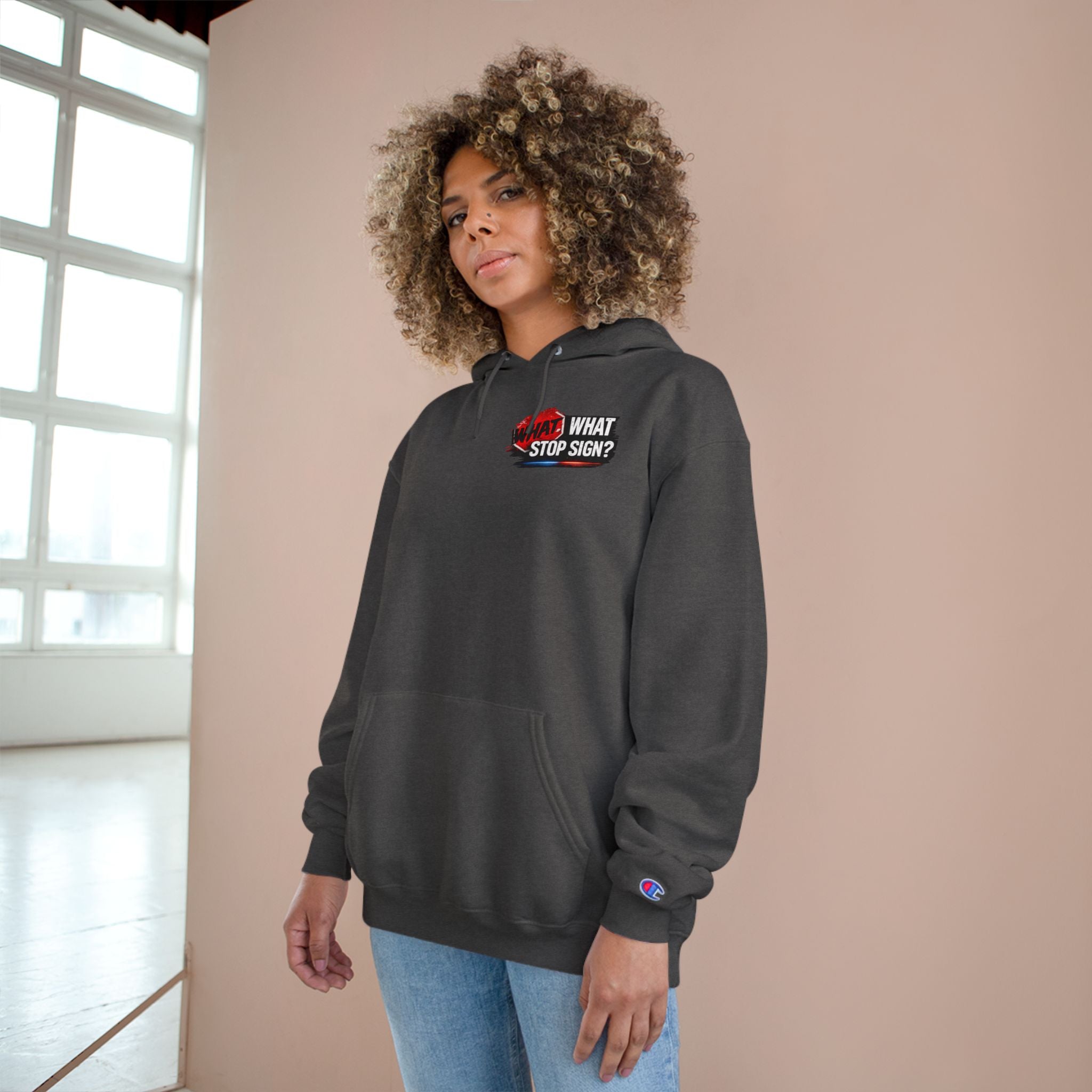 Hoodie — "What Stop Sign?" Police Lights Graphic Champion Hoodie