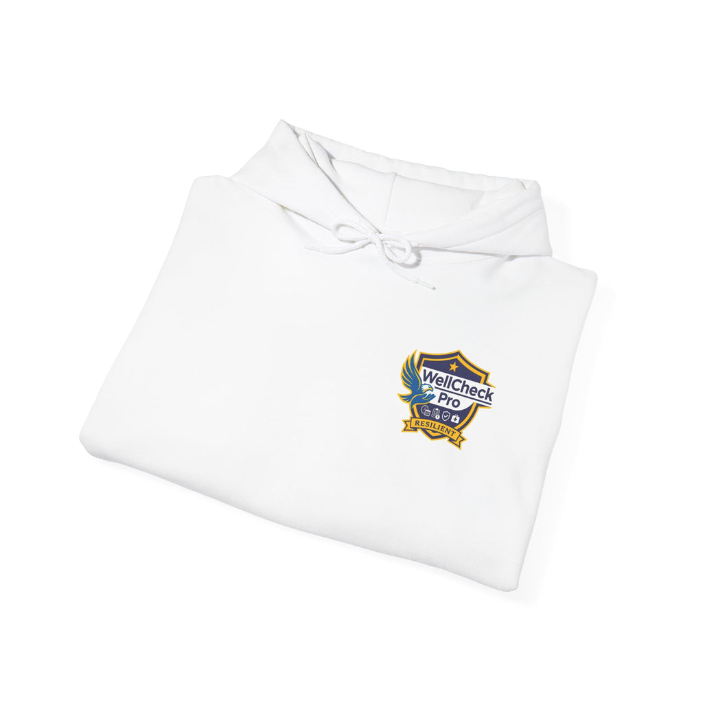 WellCheck Pro Shield logo Hoodie | Catch the Signal Before the Crisis back print