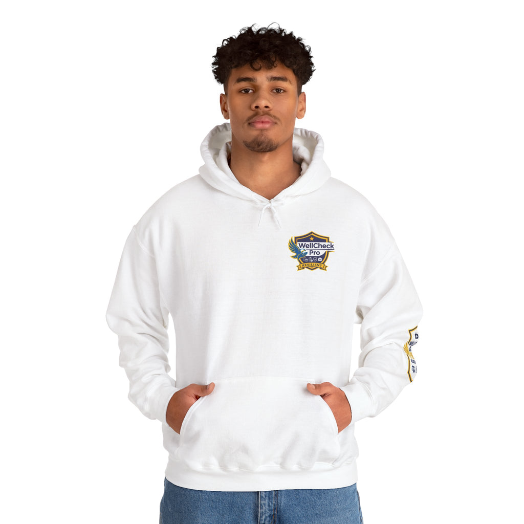 WellCheck Pro Shield logo Hoodie | Catch the Signal Before the Crisis back print