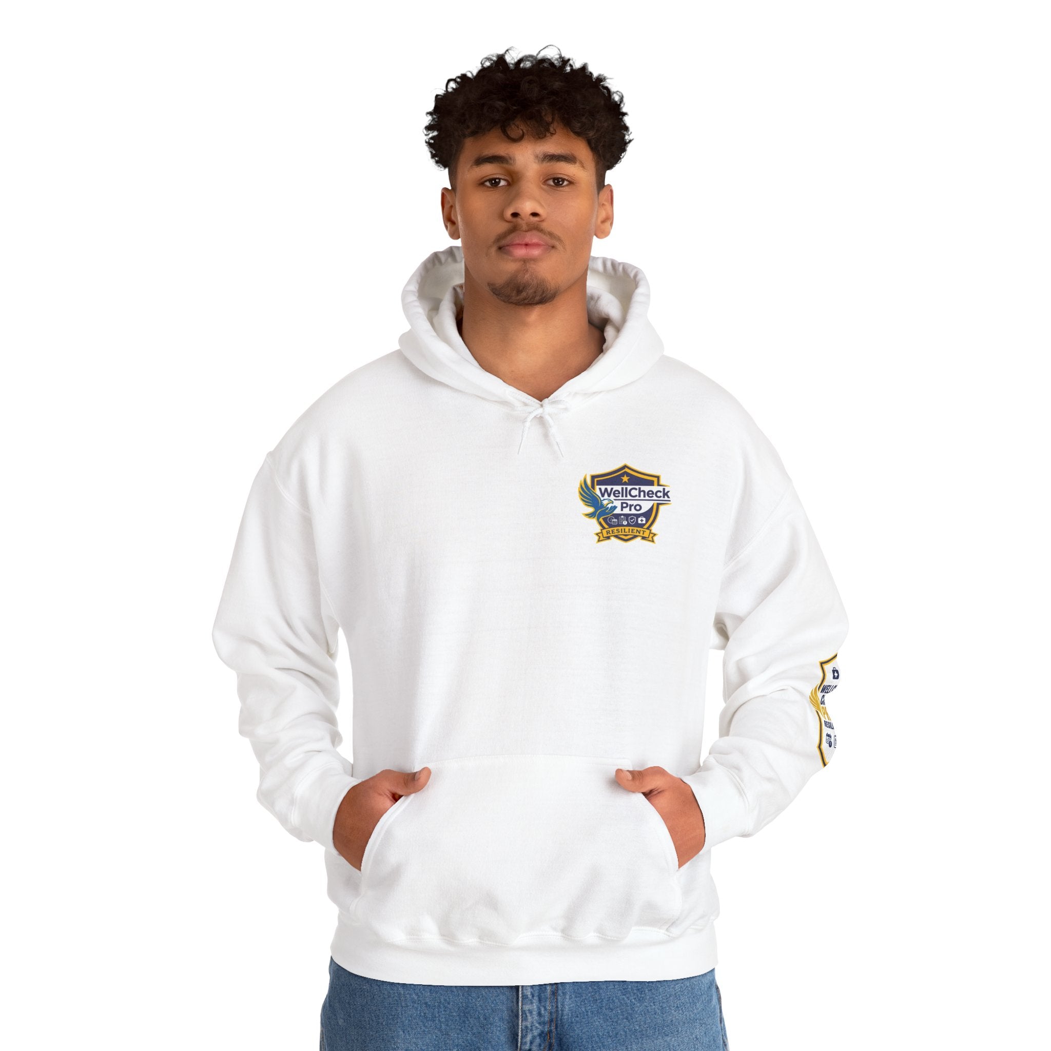 WellCheck Pro Shield logo Hoodie | Catch the Signal Before the Crisis back print