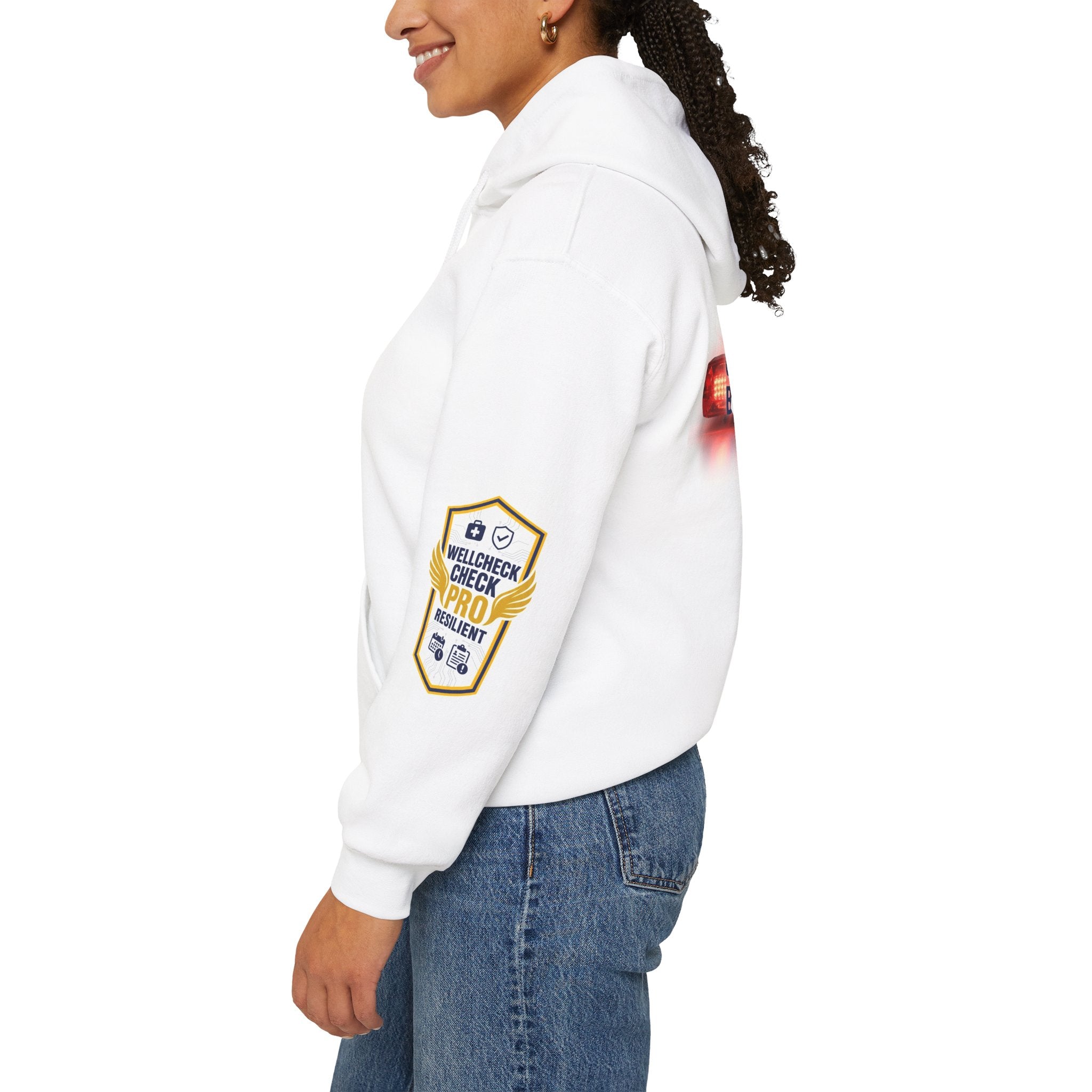 WellCheck Pro Shield logo Hoodie | Catch the Signal Before the Crisis back print