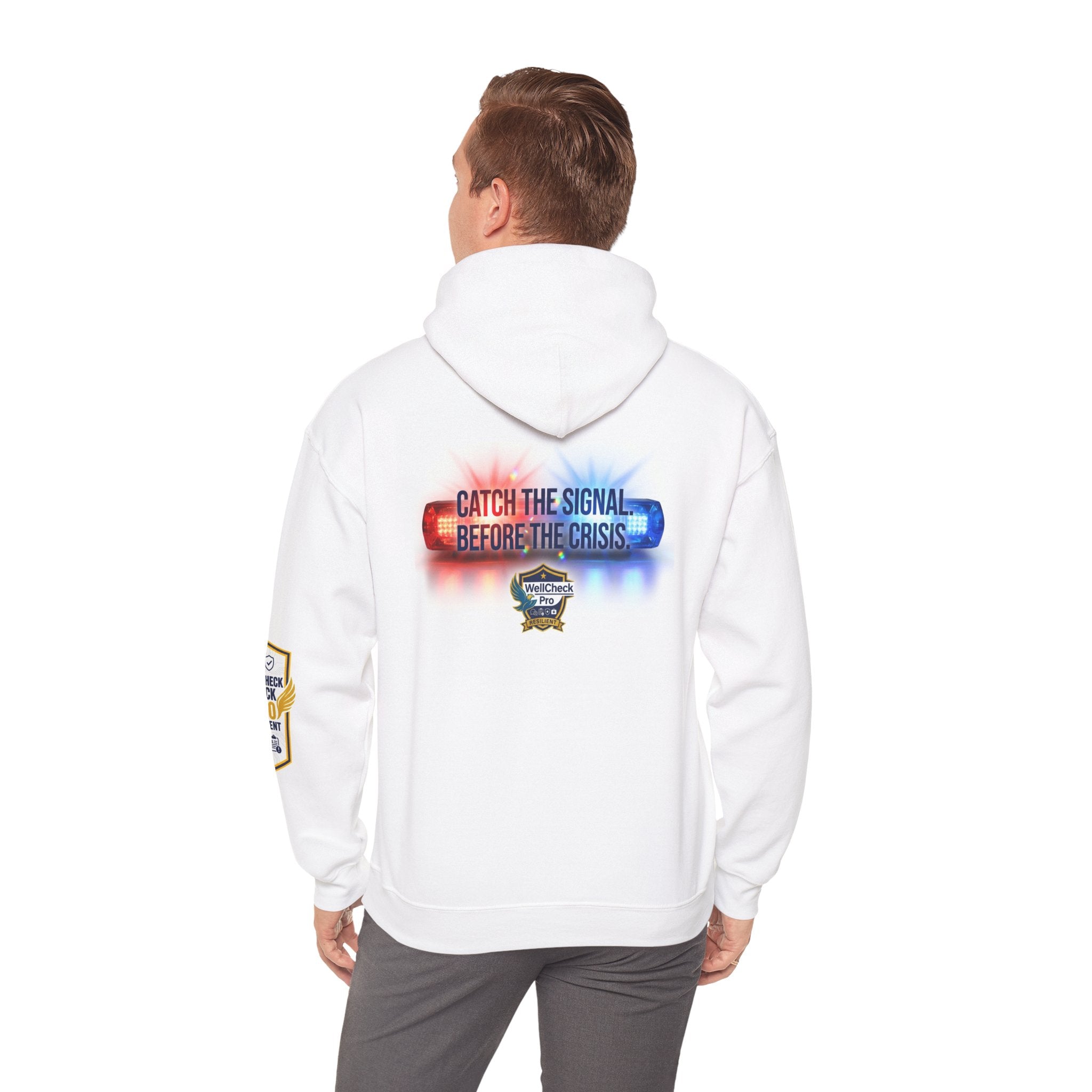 WellCheck Pro Shield logo Hoodie | Catch the Signal Before the Crisis back print