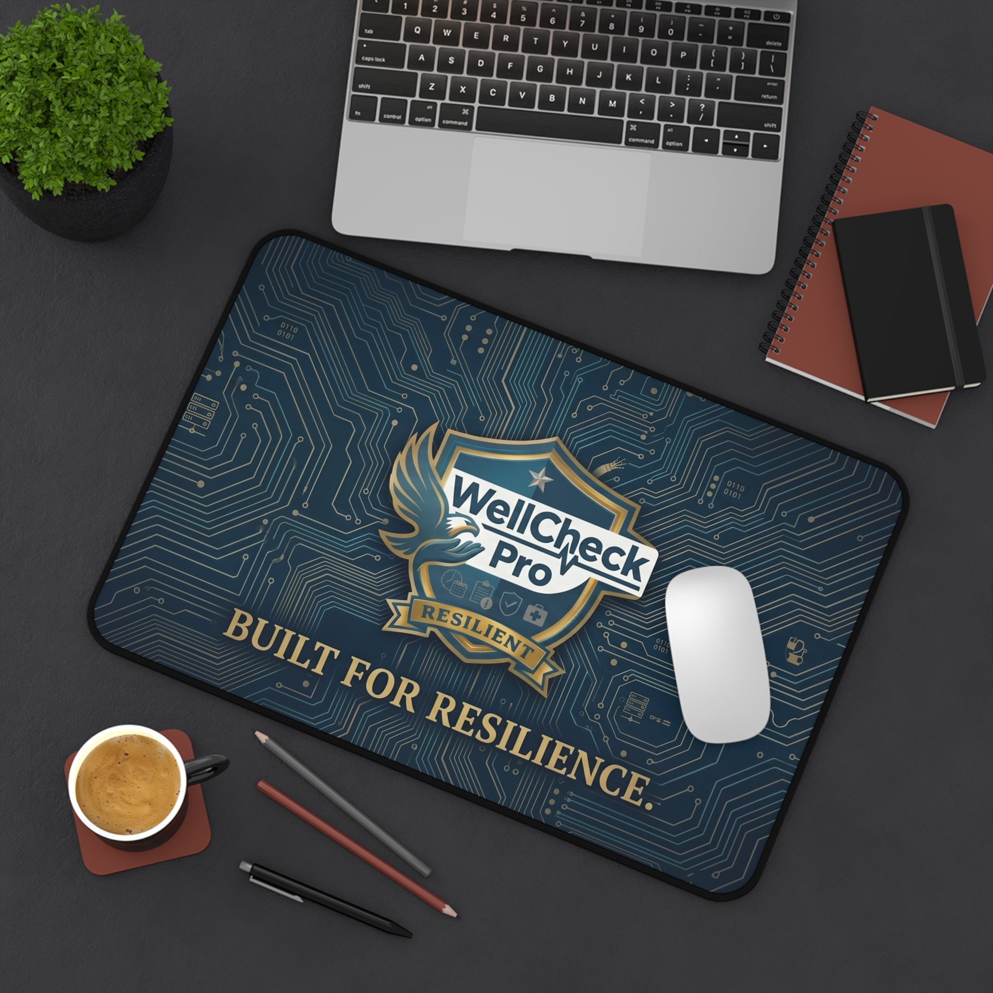WellCheck Pro 'Built for Resilience' Desk Mat — Tech Shield Mouse Pad
